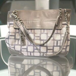 Nine West Purse Shoulder Bag Tote Geometric Blocks Platinum Gray Neutral Roomy